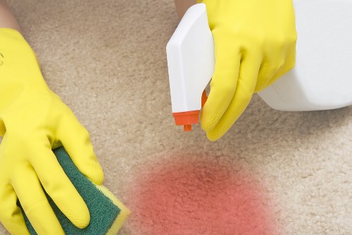 Carpet cleaning team preparing equipment safely indoors