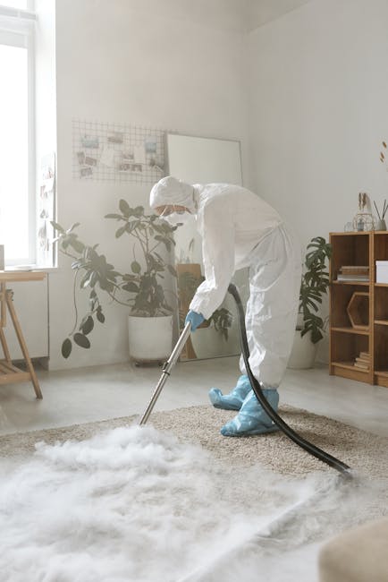 A person dressed in protective white suit, face mask, gloves, and blue shoe covers performing deep cleaning and surface sanitisation on a beige carpet using a professional vacuum or extractor in a bright, modern living room. The room features minimalist wooden furniture, a tall potted plant, and natural light streaming through a window, highlighting the clean, dust-free condition of the carpet. Visible items include a small desk with a chair, a whiteboard, and a wooden shelving unit, all contributing to a tidy and hygienic atmosphere. This image exemplifies professional domestic cleaning services offered by Catford Carpet Cleaners, focusing on thorough carpet cleaning and hygiene maintenance in residential spaces, in line with the tips and prices outlined on the 'Catford Broadway carpet cleaning prices and tips, Catford' page.
